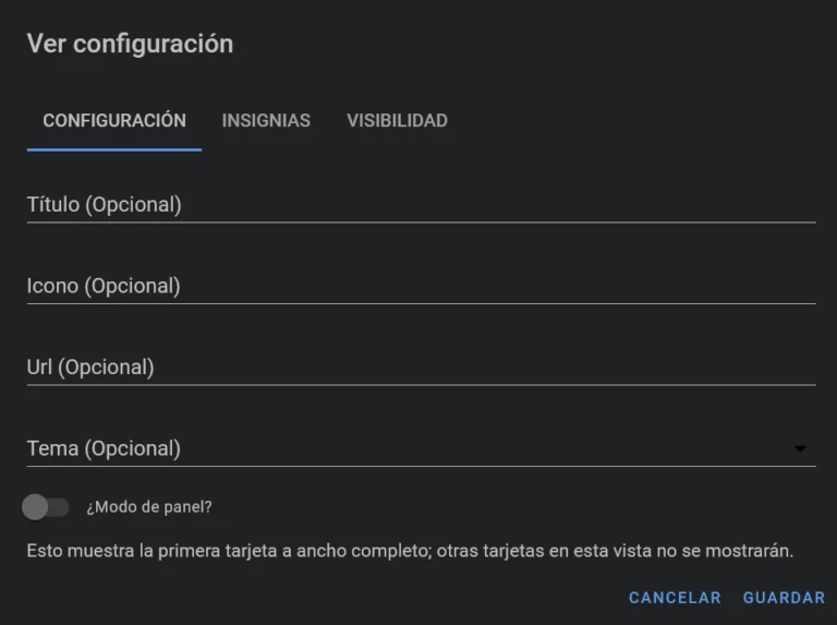 Configuración básica de nueva vista en Lovelace