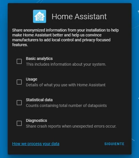 Datos de análisis Home Assistant