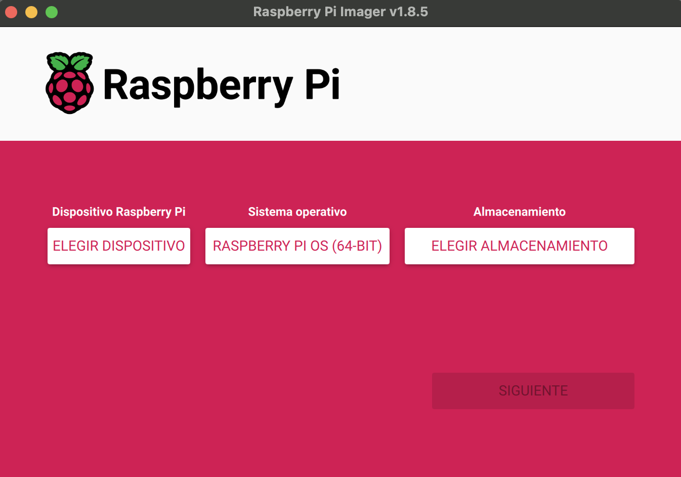 Pantalla principal de Raspberry Pi Imager